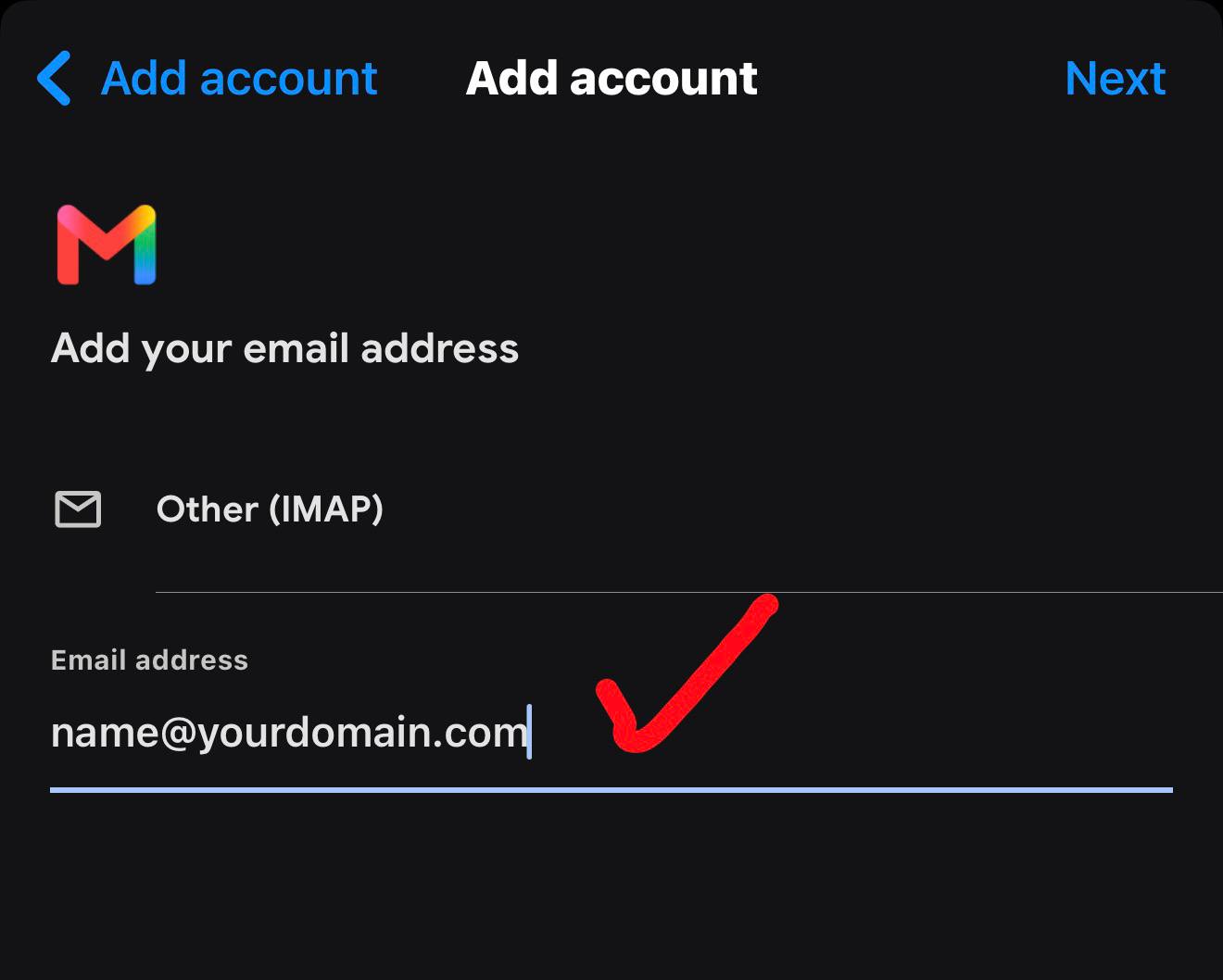 Gmail Other IMAP screen for entering a full work email address