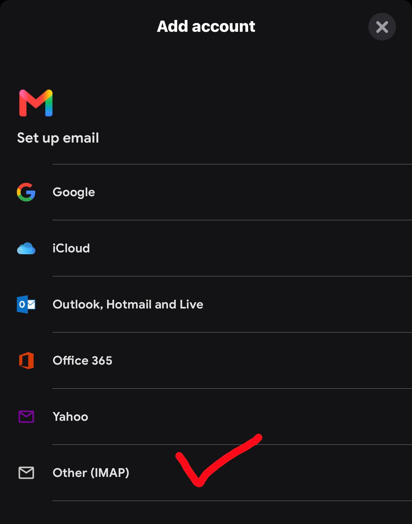 Gmail Add account screen with Other IMAP selected
