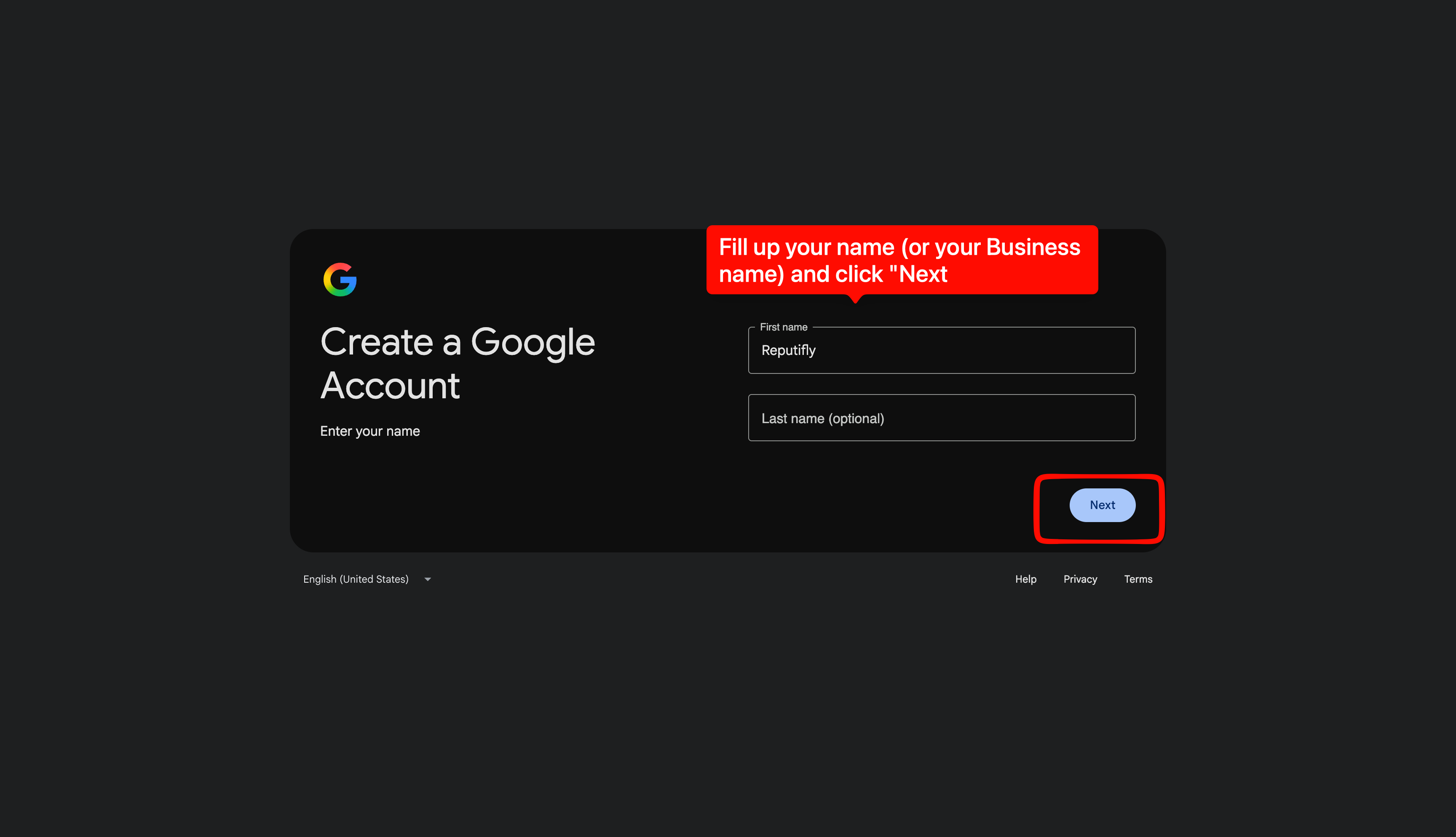 Google signup screen for entering the account name