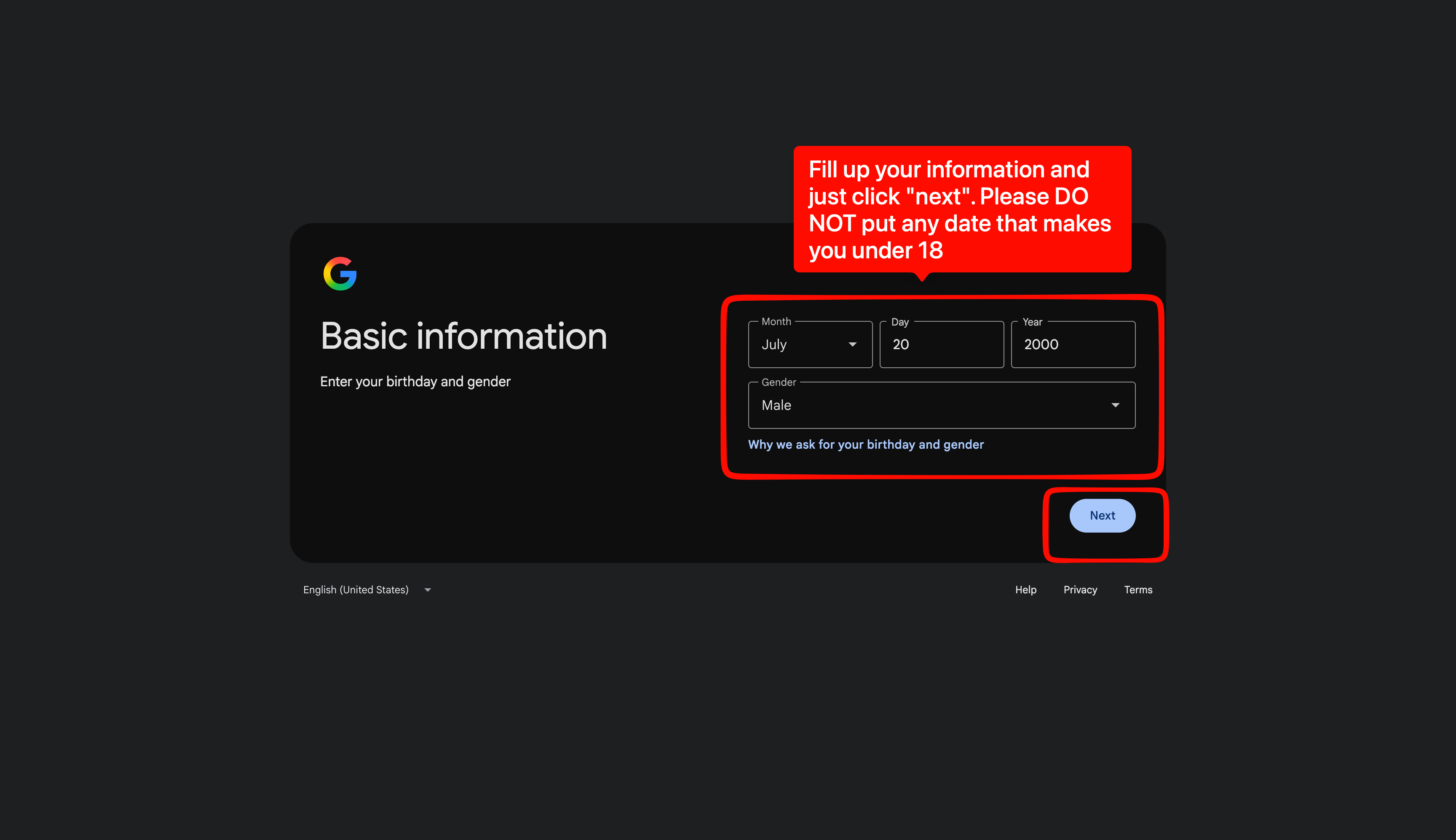 Google signup screen for birthday and gender