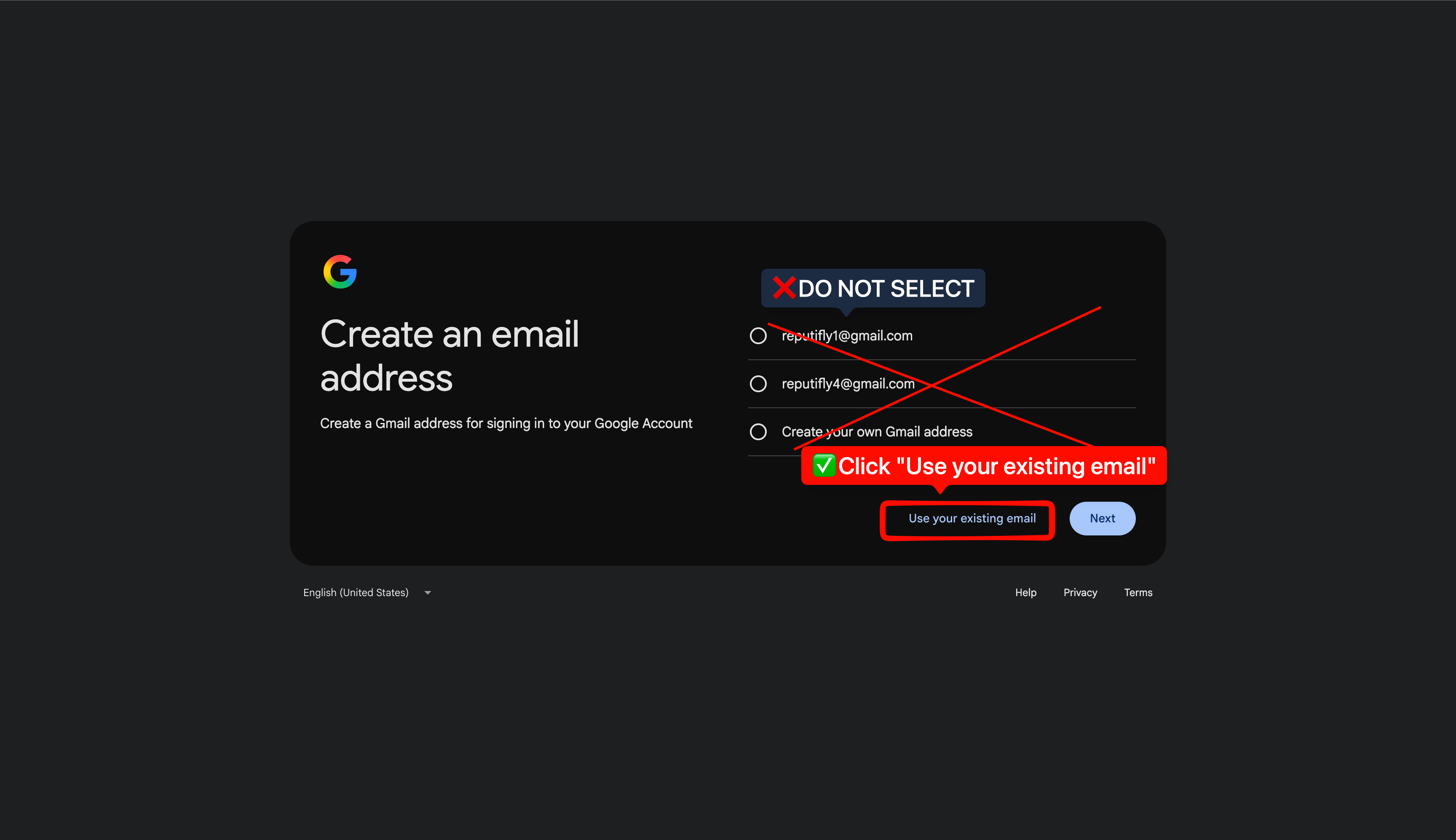 Google signup screen with Use your existing email highlighted