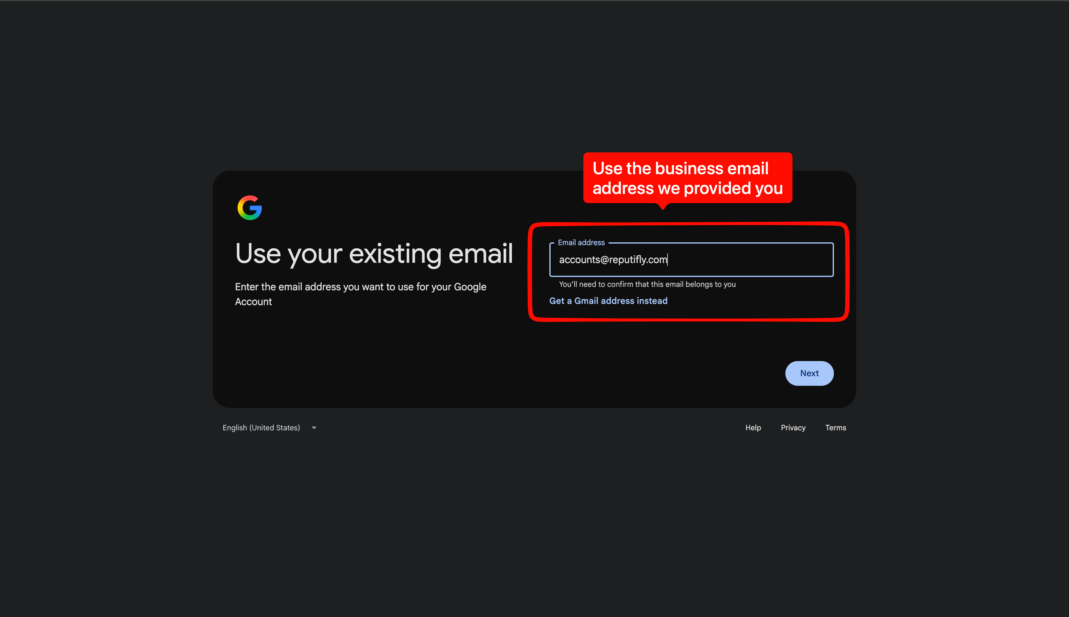 Google signup screen for entering an existing work email