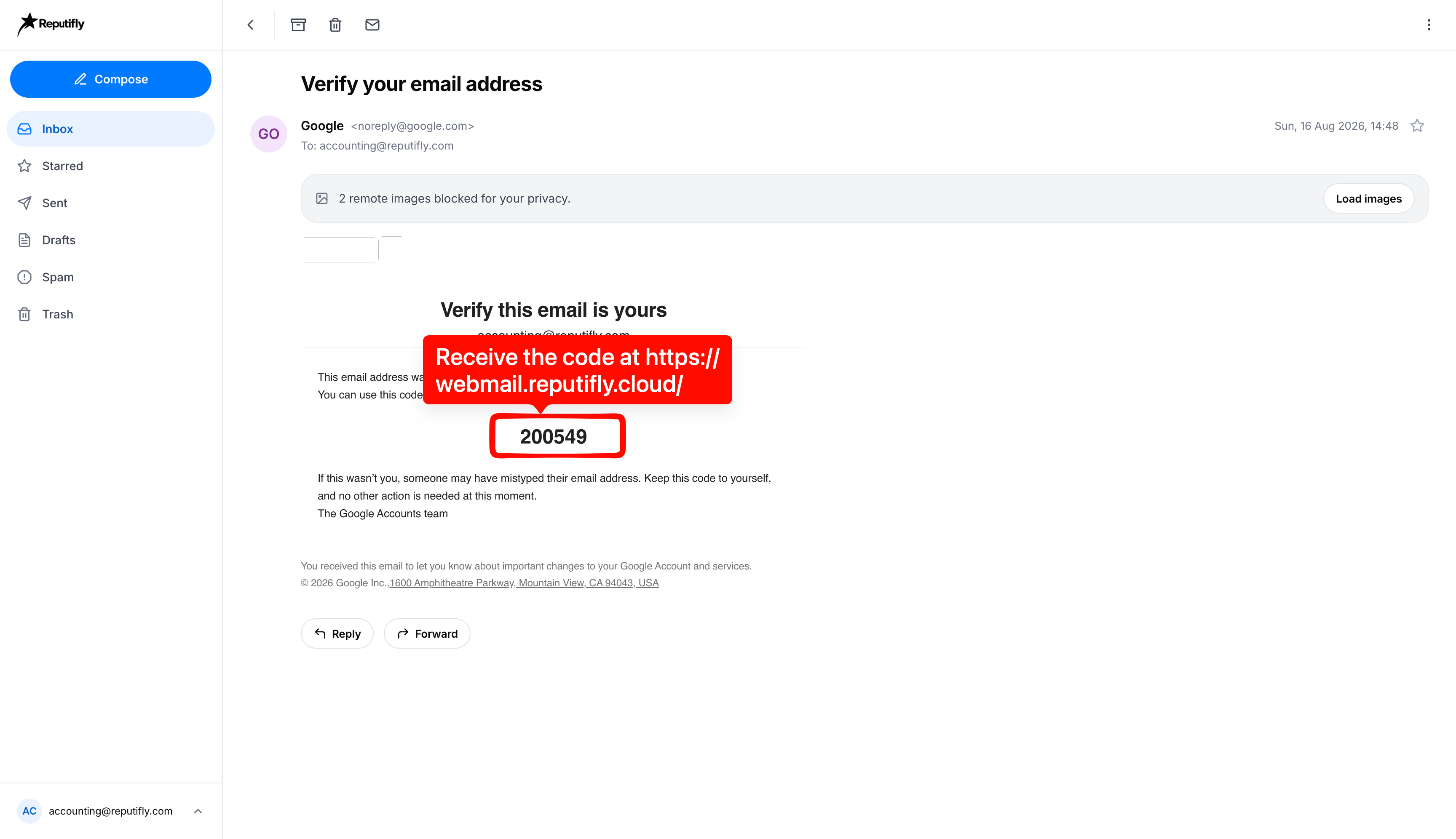 Google verification email opened in Reputifly Webmail