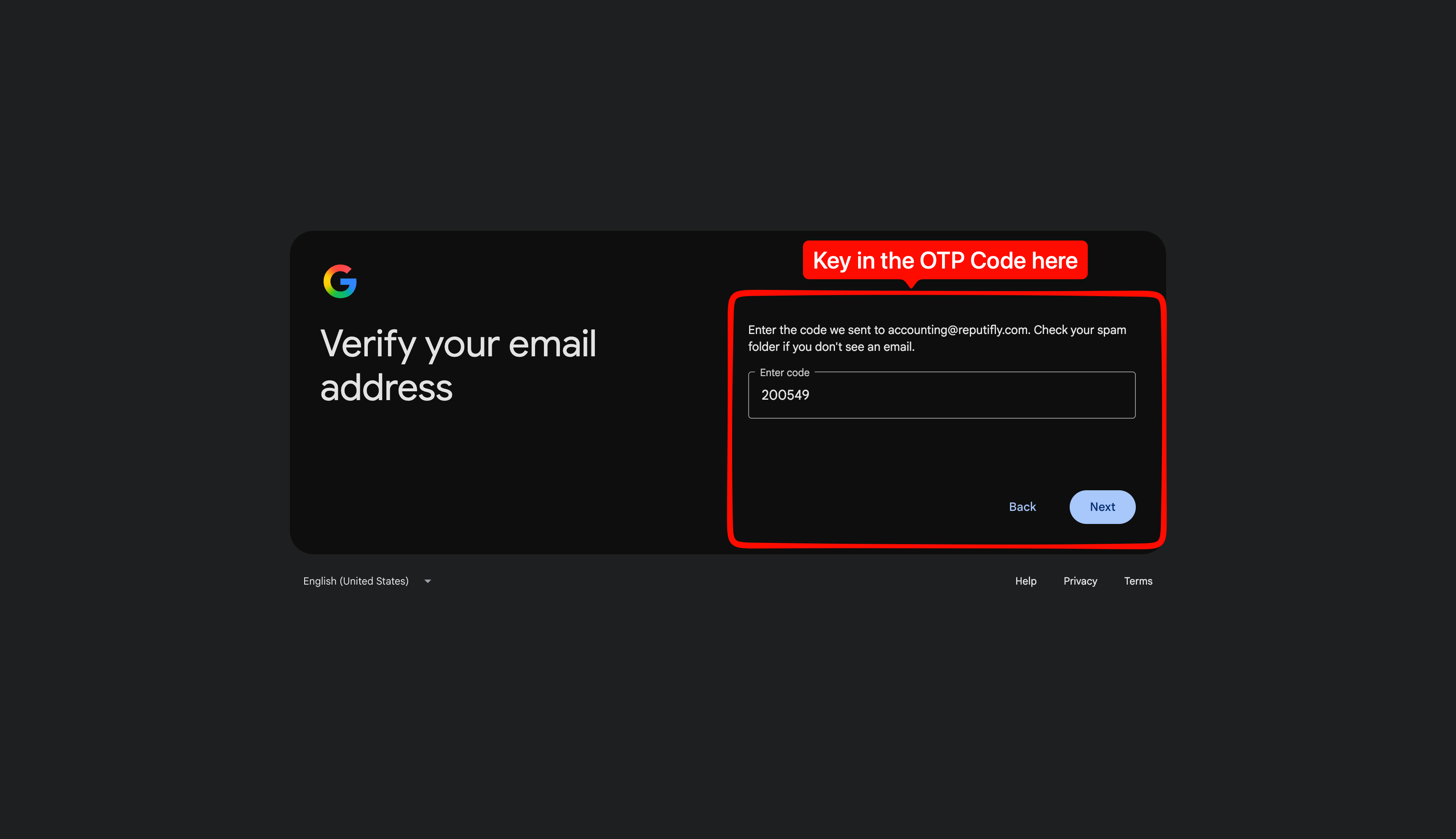 Google screen for entering the email verification code