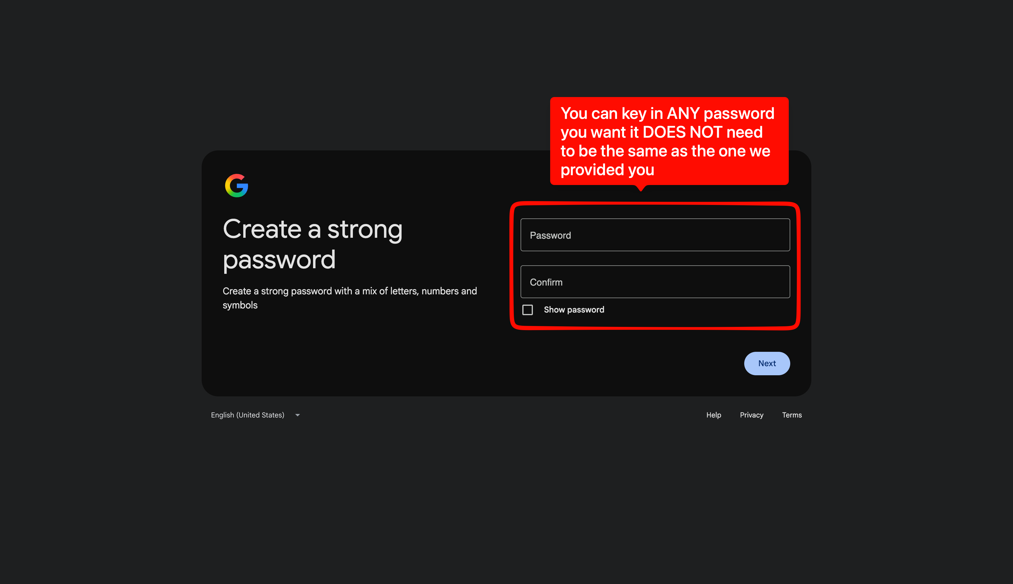 Google screen for creating a separate Google Account password