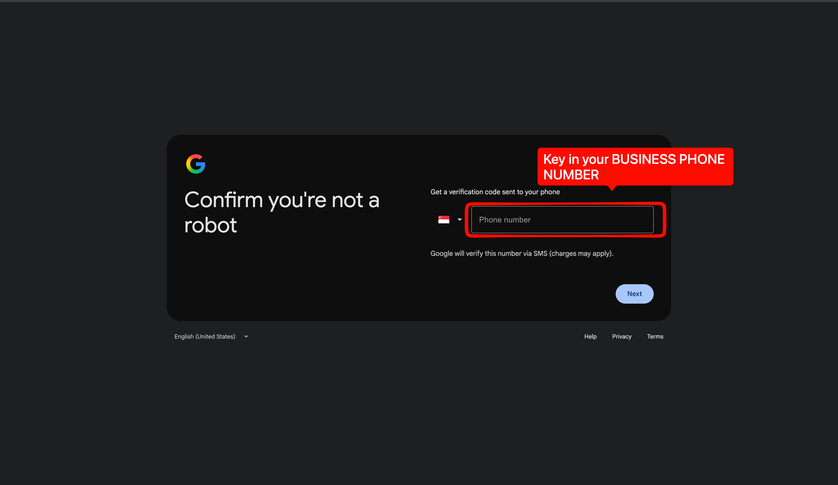 Google screen for entering a business phone number