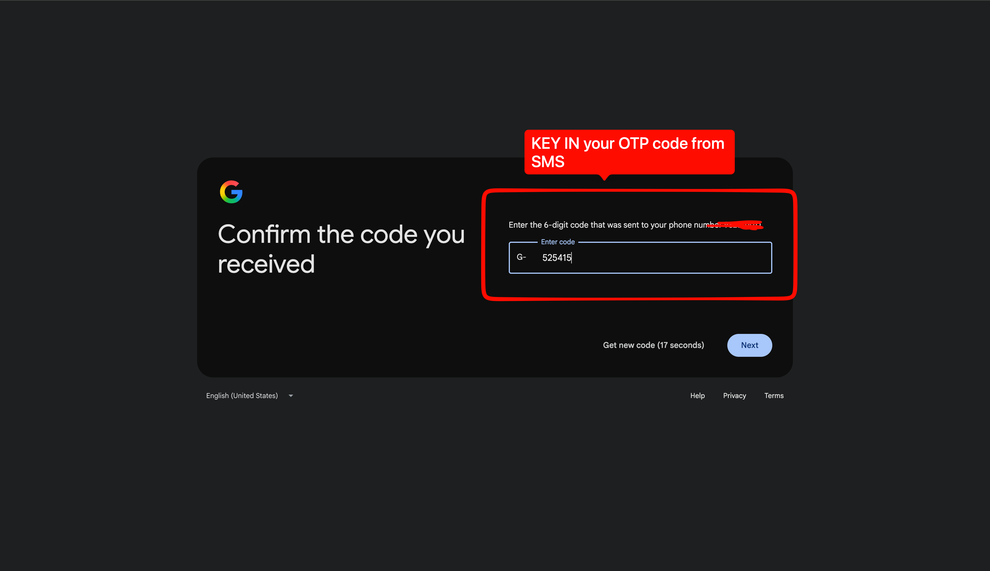 Google screen for entering the SMS verification code