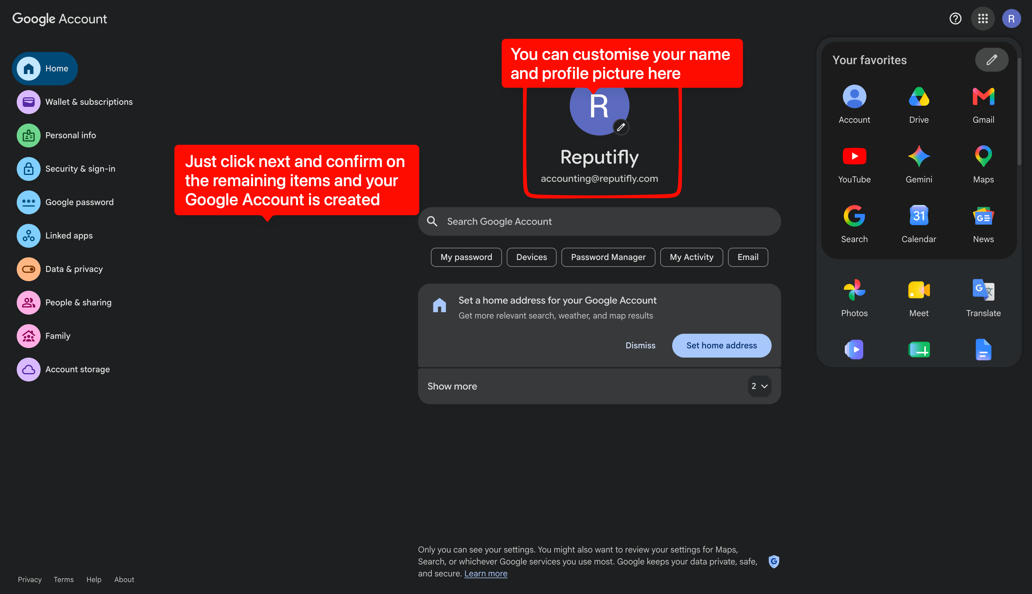 Completed Google Account page showing profile customisation controls