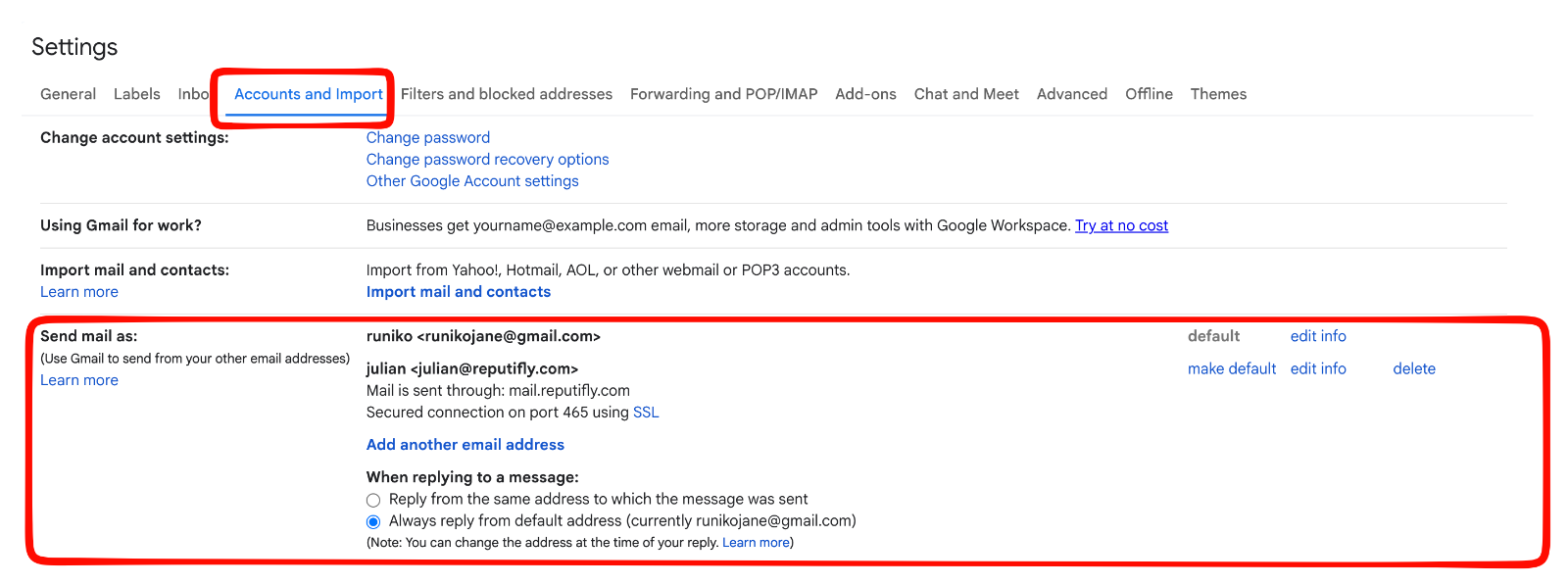 The Accounts and Import tab in Gmail settings