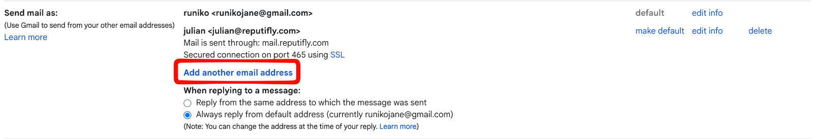 The Add another email address link under Send mail as