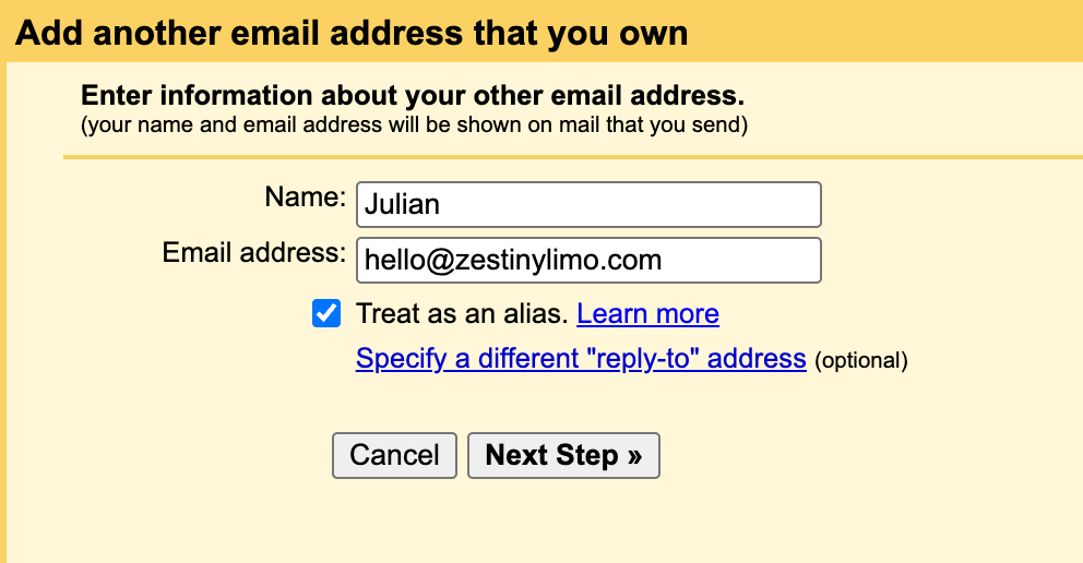 Name and email fields with Treat as an alias ticked
