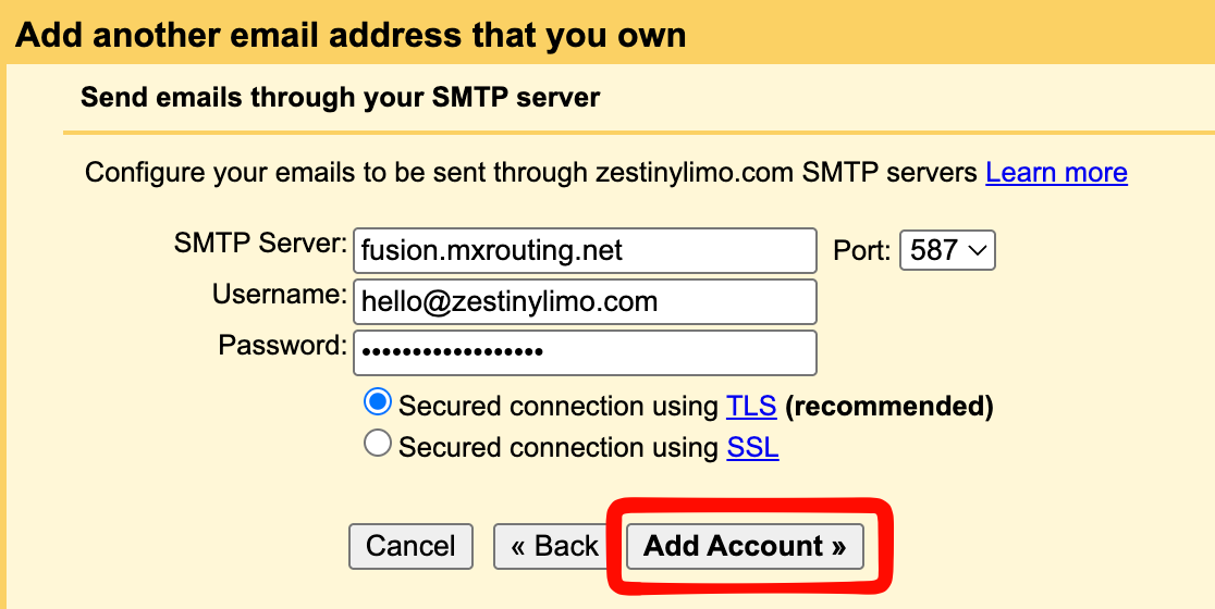 SMTP settings: fusion.mxrouting.net, port 587, username, masked password, TLS selected