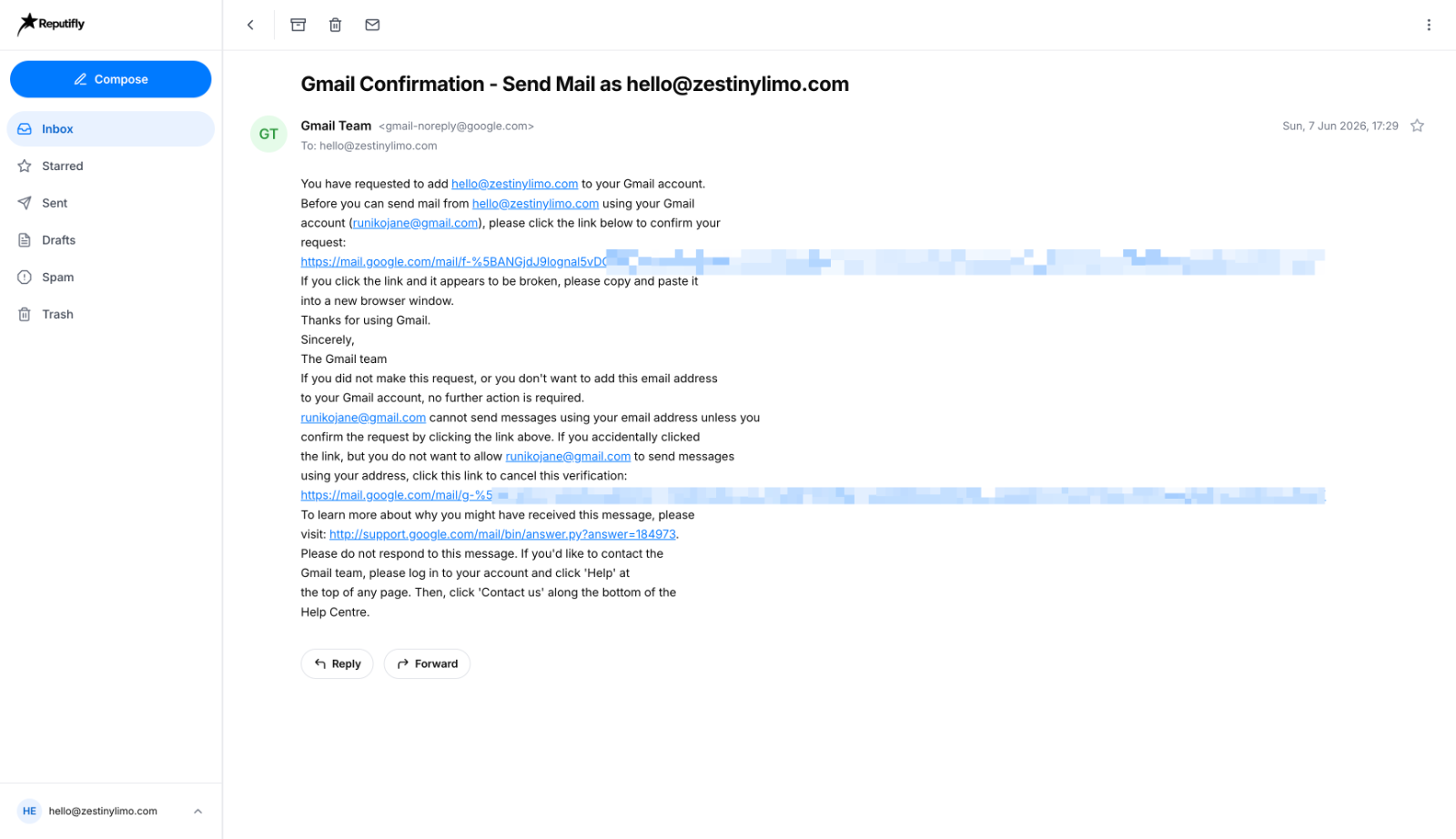 The Gmail confirmation email open inside the Reputifly webmail