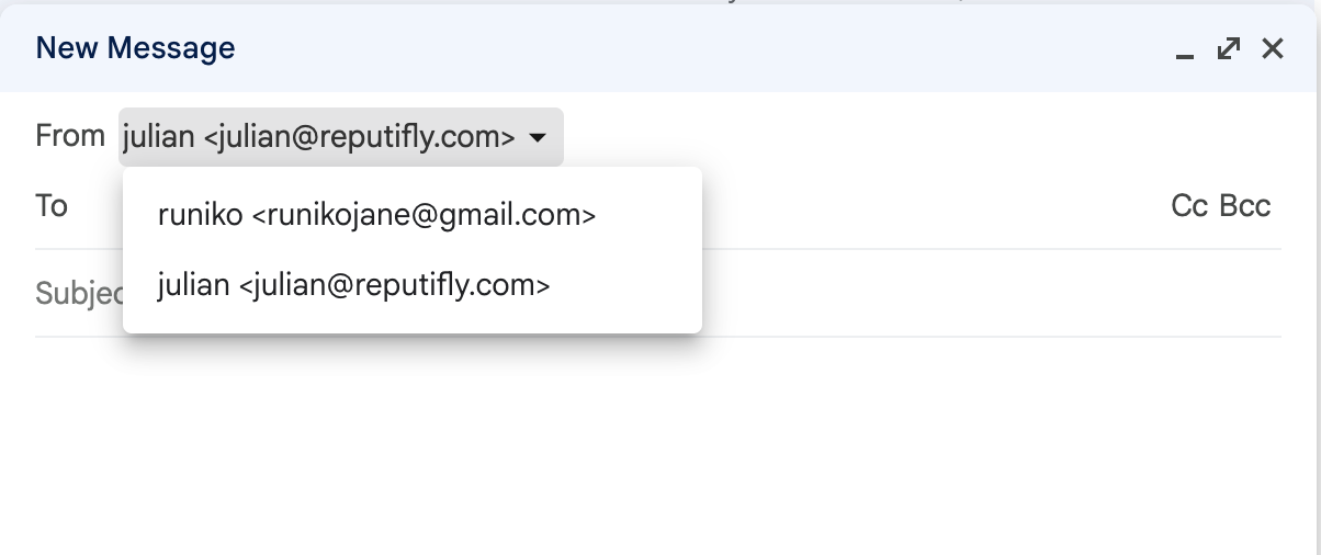 The From dropdown in a new Gmail message showing the Reputifly address
